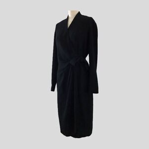 Vintage 90s Liz Claiborne Black Minimalist Chic Wrap Long Sleeve V Neck Dress 6P